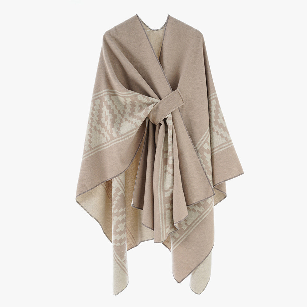 Dam Jacquard Ruana med TIE bälte och geometric mönster