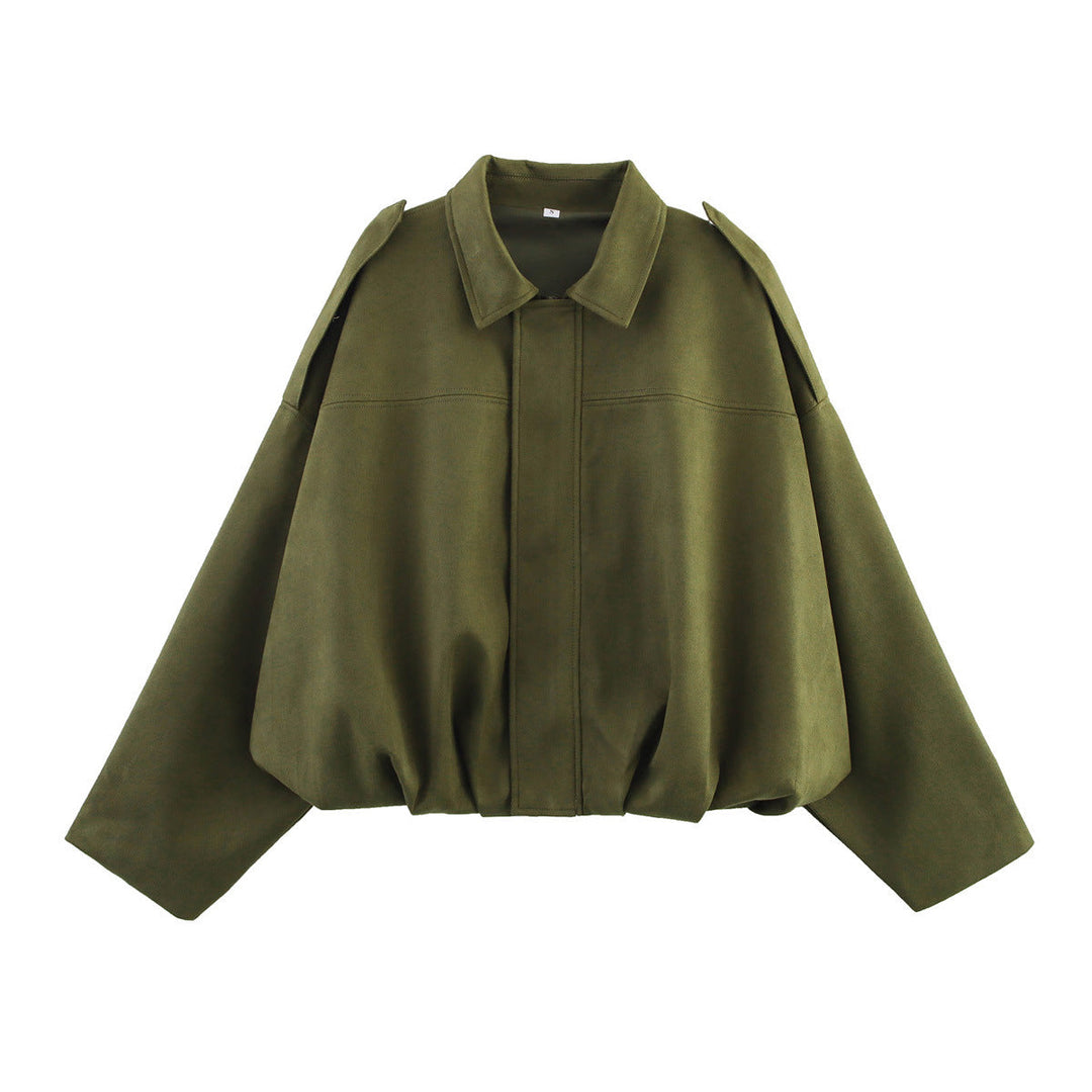 Dam Kort Boxig Övergångsjacka i Suede Look med Epaulettes