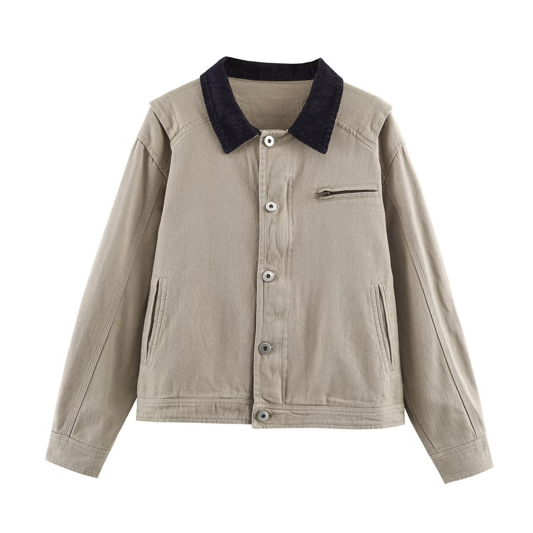Dam Kort Blouson i Worker Look med Cord Krage och Dragkedja Ficka