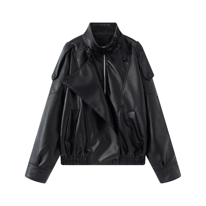 Dam Oversized Konstläder Biker Jacka med Asymmetric Lapel, Ståkrage, och Midjedragsko