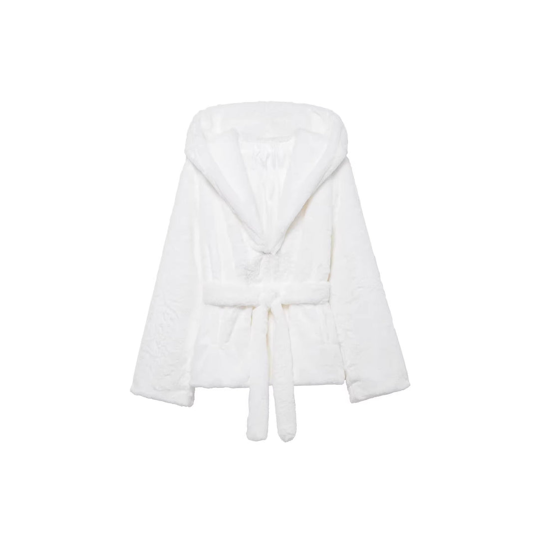 Dam Cozy Faux Fur kort jacka med Shawl huva och Bow Tie midjebälte