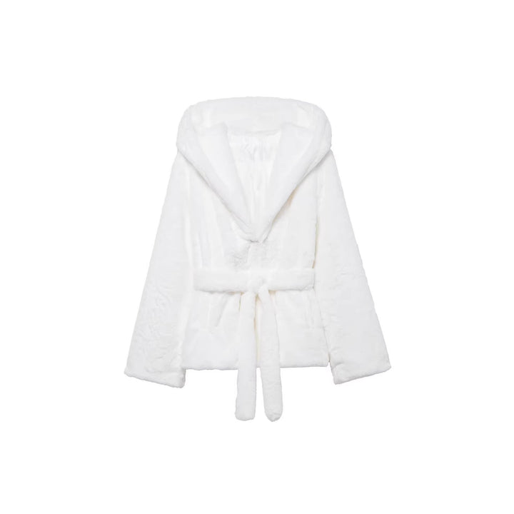 Dam Cozy Faux Fur kort jacka med Shawl huva och Bow Tie midjebälte