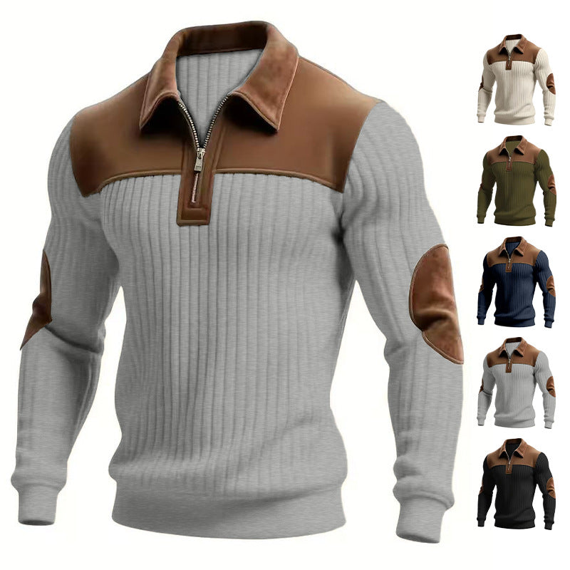 Herr Ribbad Halv Dragkedja Pullover med Contrasting Läder Appliqués On Shoulders och Elbows