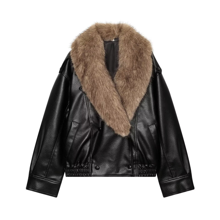 Dam kort skärning Biker läder jacka med Voluminous Faux Fur Shawl krage