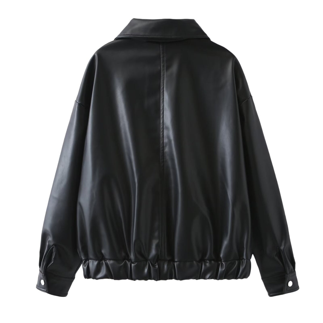 Dam Boxy konstläder blousonjacka med hel dragkedja, Flap fickor, och bred skjortkrage