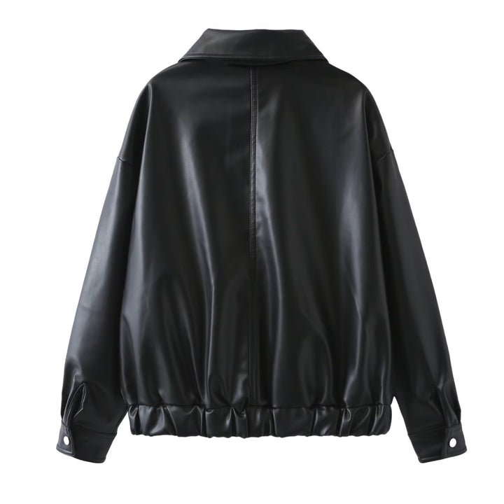 Dam Boxy konstläder blousonjacka med hel dragkedja, Flap fickor, och bred skjortkrage