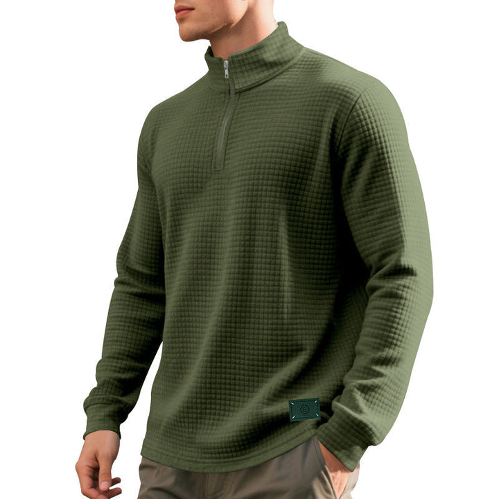 Herr Nano Lätt Waffle Stickad Pullover med Kort Krage Dragkedja och Rounded Fåll
