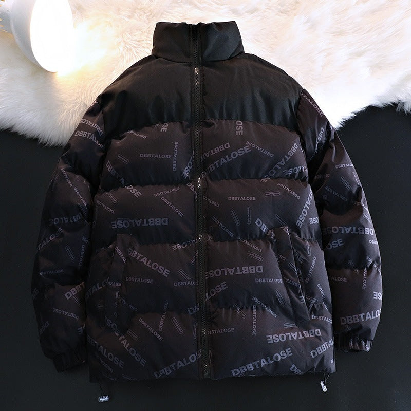 Unisex vadderad kviltad jacka med Allover Logo tryck, hög ståkrage &amp; justerbar fåll