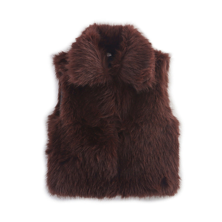 Dam mysig faux fur väst med bred krage, vadderad foder, och Feminin tailoring