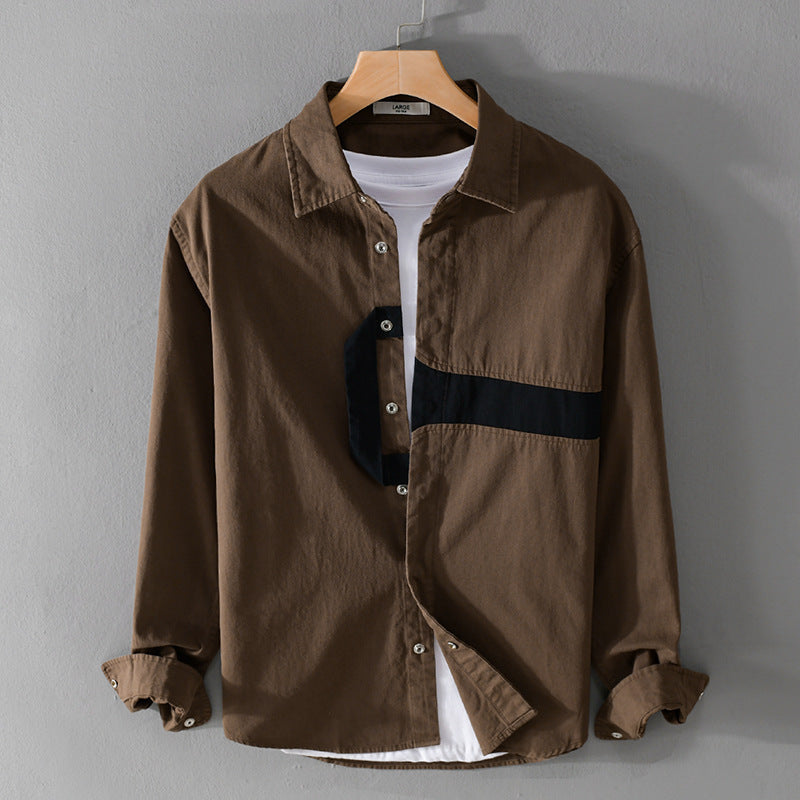 Herr Casual Overshirt Skjorta med Geometrisk Kontrast Rand och Tryckknapp Slå