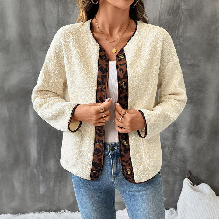Dam Mysig Teddy Blazer med Leopard Tryck