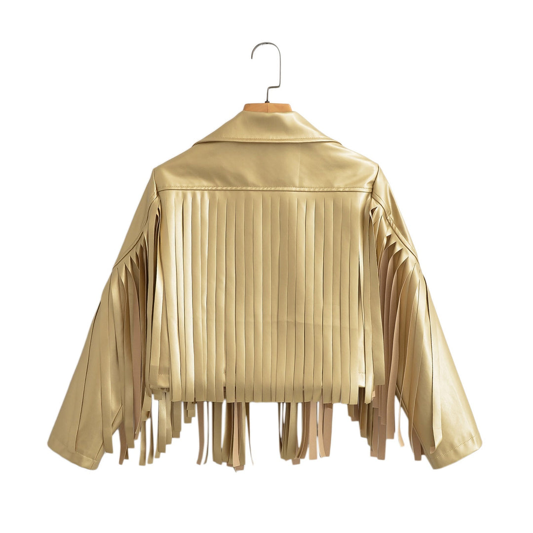 Dam kort jacka in biker stil med metallic look och lång läder fringes