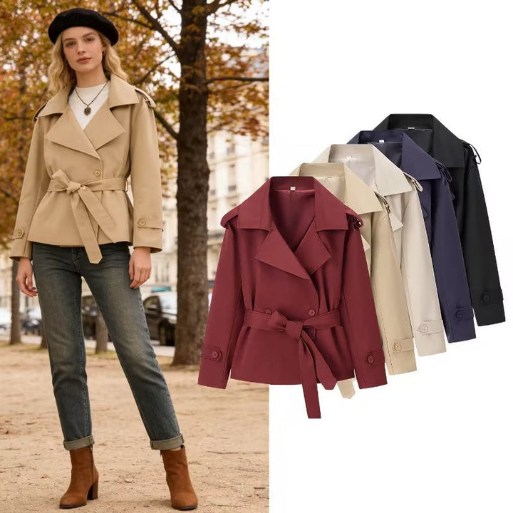 Dam Kort Skärning Skräddarsydd Trenchcoat med Knytbälte och Epaulettes
