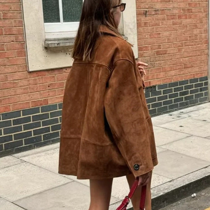 Dam 100+ Oversize Suede Look Blouson Jacka med Patch Fickor och Knapp Knäppning