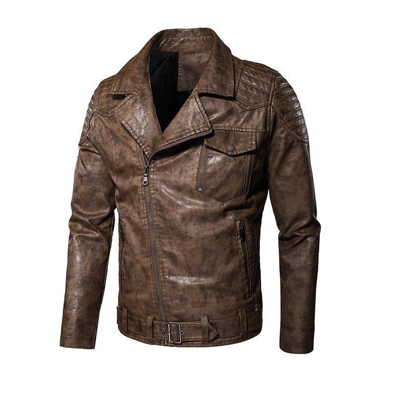 Herr Konstläder Biker Jacka med Axel Quilting, Asymmetric Dragkedja, och Justerbar Belted Midja