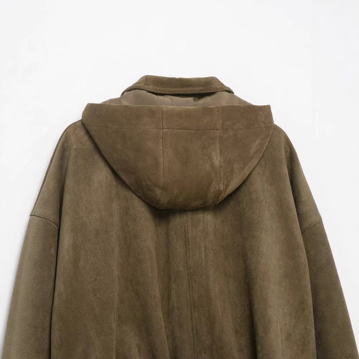 Dam oversize-kort mocka look jacka med huva och Flap fickor