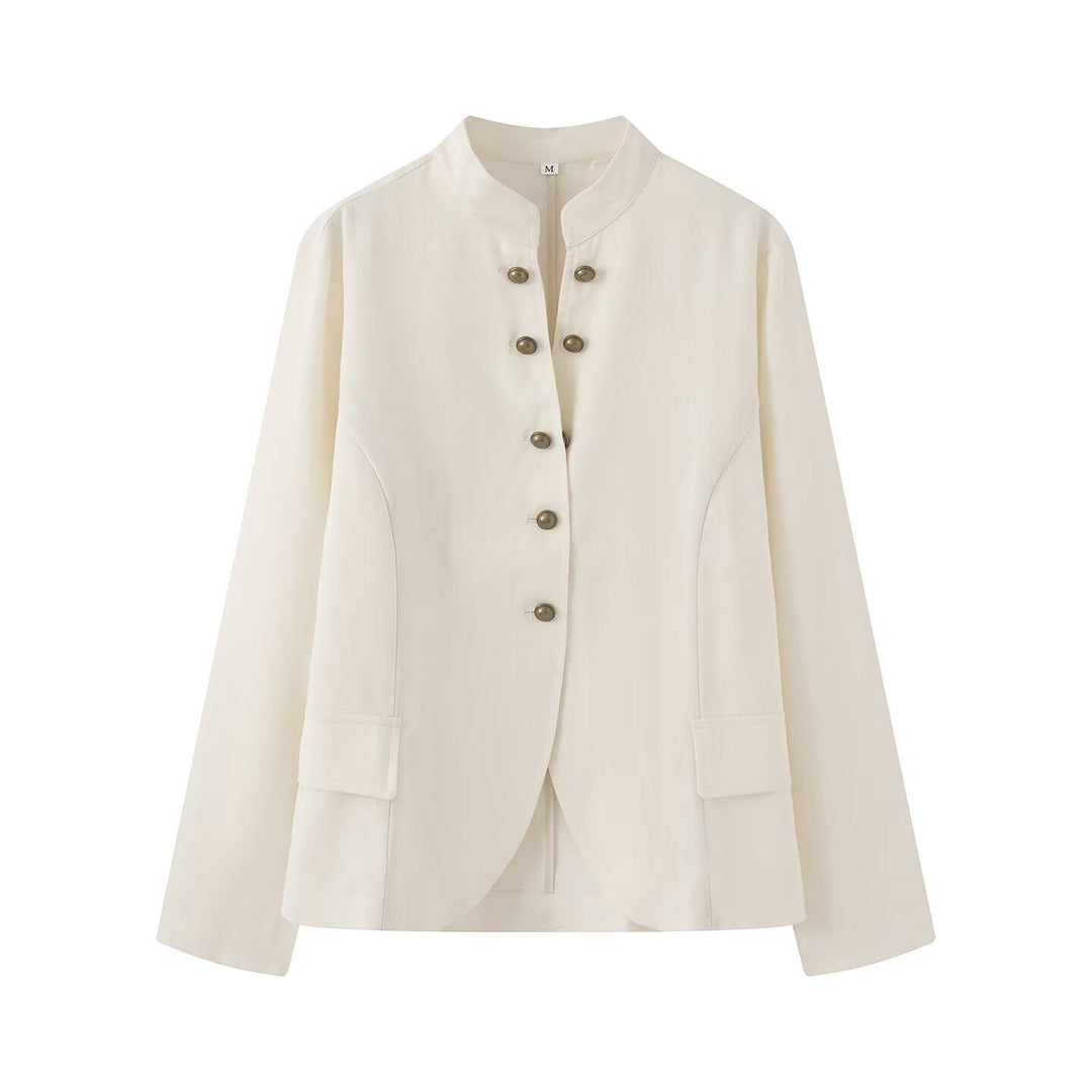 Dam Elegant Kort Jacka med Standing Krage, Dekorativ Toggle Knappar och Lock Fickor