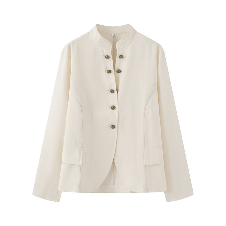 Dam Elegant Kort Jacka med Standing Krage, Dekorativ Toggle Knappar och Lock Fickor