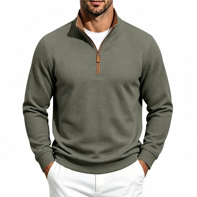 Herr Halv Dragkedja Pullover med Waffle Texture och Contrast Krage