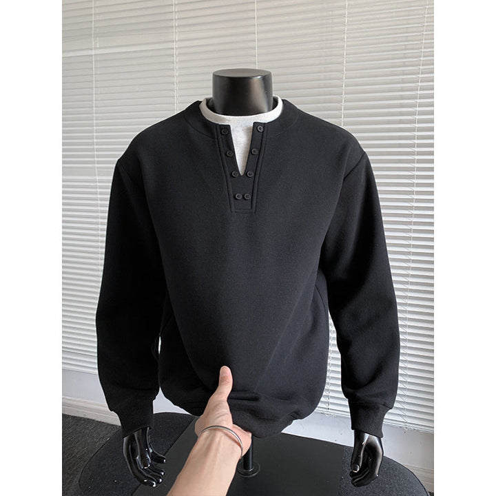 Herr Henley College-Tröja med Knapplist, Oversized Passform &amp; Ribbstickade Muddar