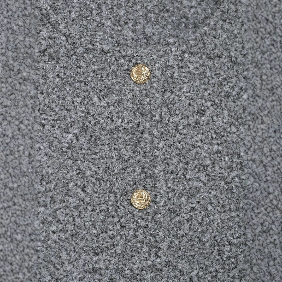 Dam Bouclé Kort Jacka med Guld Knappar och Patch Fickor