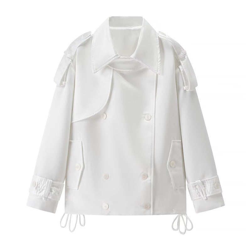 Dam kort Boxy Double-breasted trench med dragsko och dekorativ Shoulder Straps