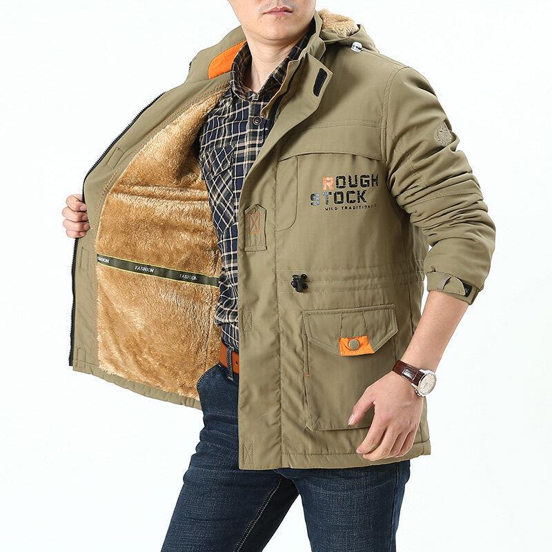 Herr Vindskyddande Fält Parka med Warming Faux Fur Foder, Huva och Multifunctional Fickor