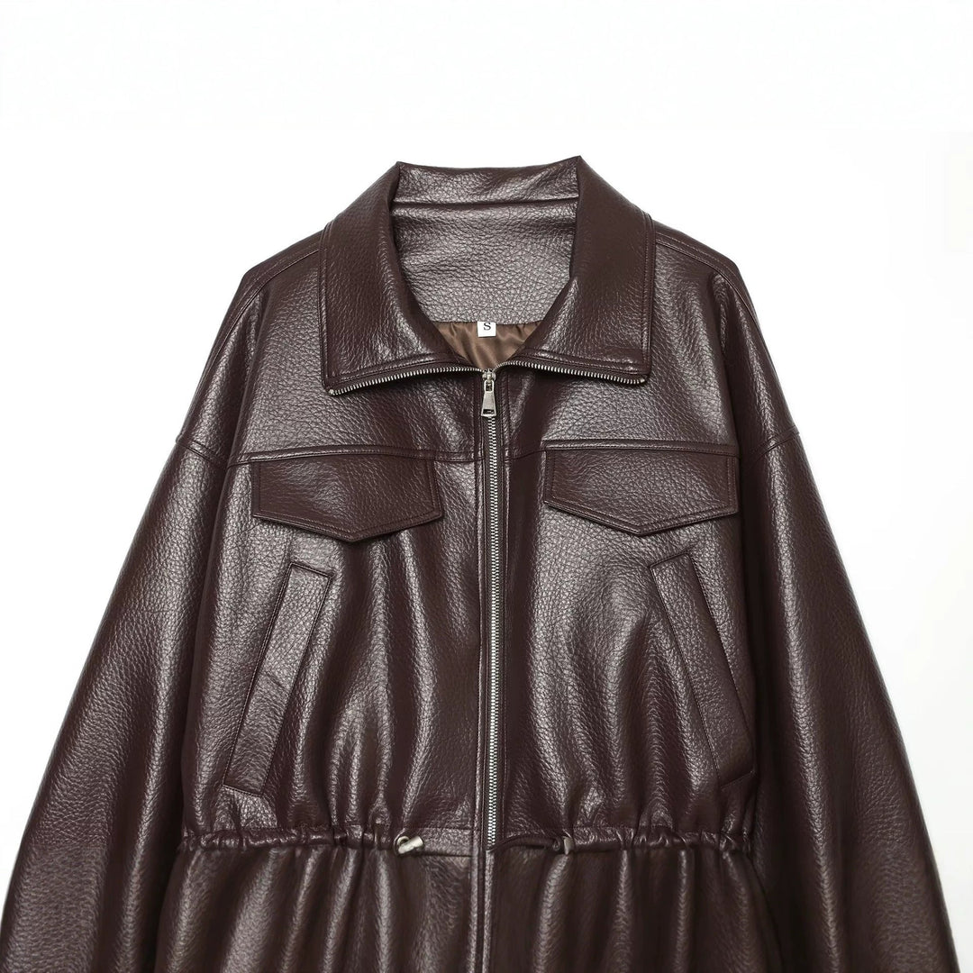 Dam Kort Jacka Tillverkad av Embossed Artificial Läder med Drawstring Waist och Lock Fickor