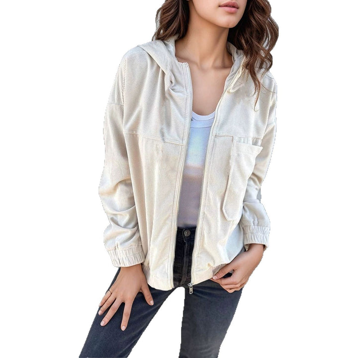 Dam cord zip jacka med huva, ribbed structure och sidofickor