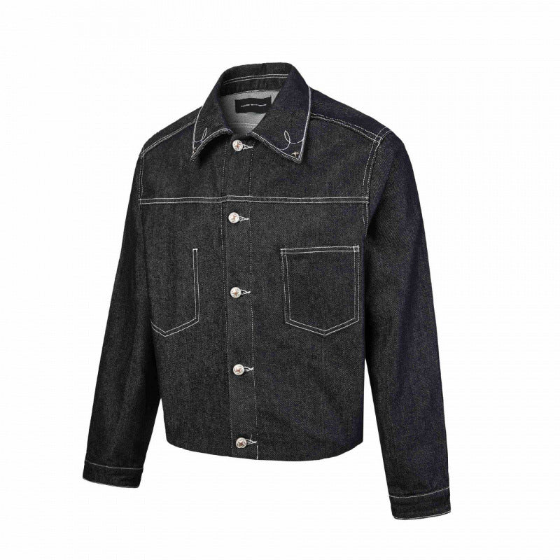 Herr boxig denimjacka med contrasting quiltad sömmar och patch bröstfickor