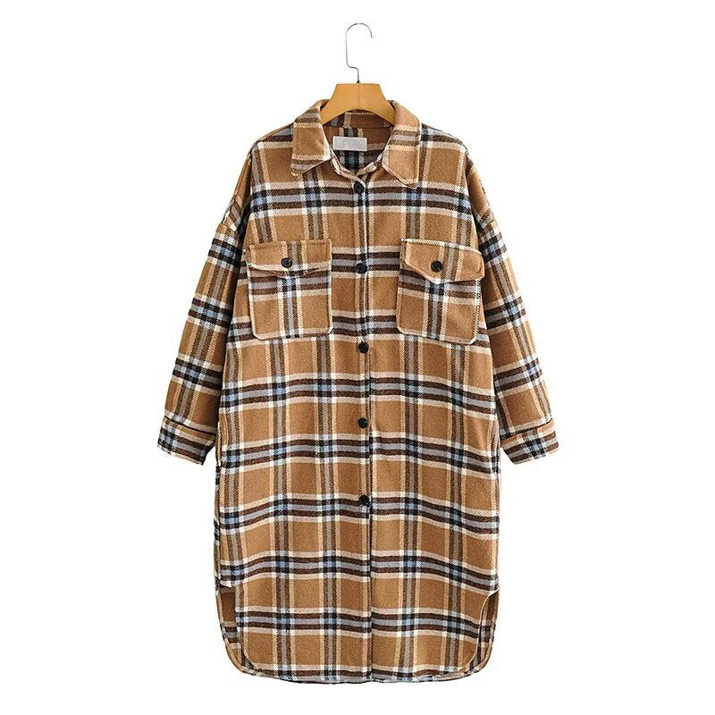 Dam Oversized Check Skjorta Jacka i Lång Modell Skärning med Lapp Bröst Fickor
