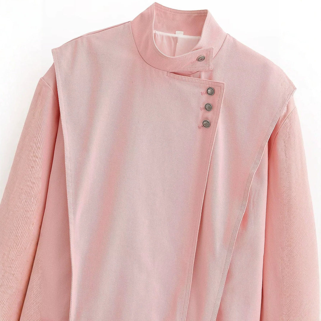 Dam Asymmetric Oversize Jacka med Hög Stå Krage och Dekorativ Knapp Knäppning