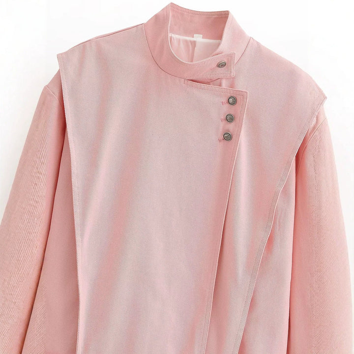Dam Asymmetric Oversize Jacka med Hög Stå Krage och Dekorativ Knapp Knäppning