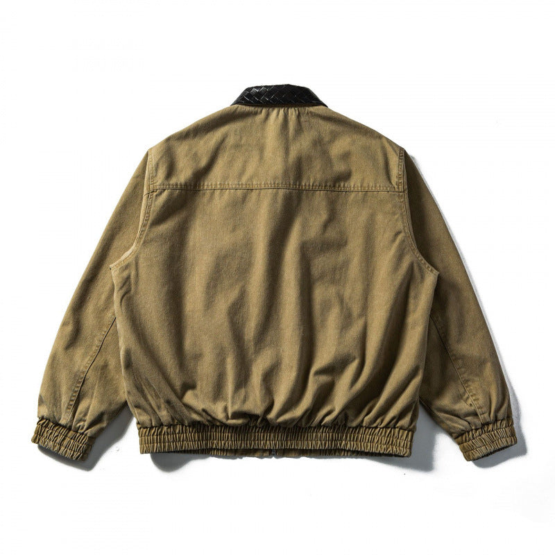 Herr boxig Denim Blouson Jacka med quiltad Läder Krage och elastiska muddar