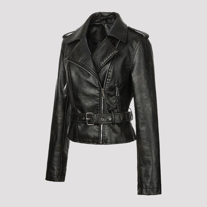Dam kort jacka in biker stil gjord mjuk konstläder med asymmetrisk dragkedja och midjebälte