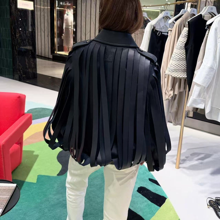 Dam konstläder Fringe Blouson med ståkrage och midjebälte