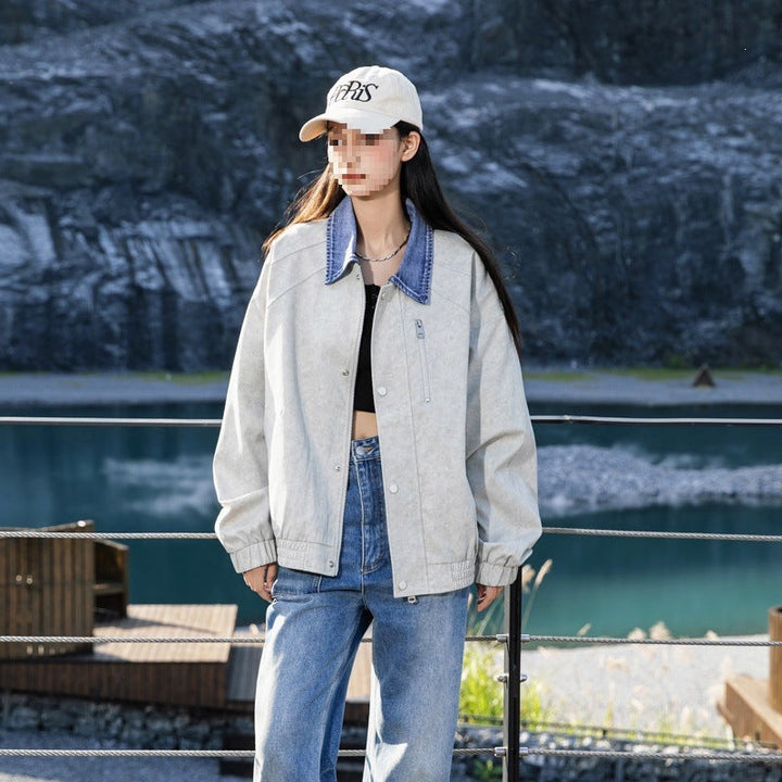 Dam Oversize Övergångsjacka med Denim Krage, Tryckknapp Knapp Knäppning &amp; Elastic Muddar
