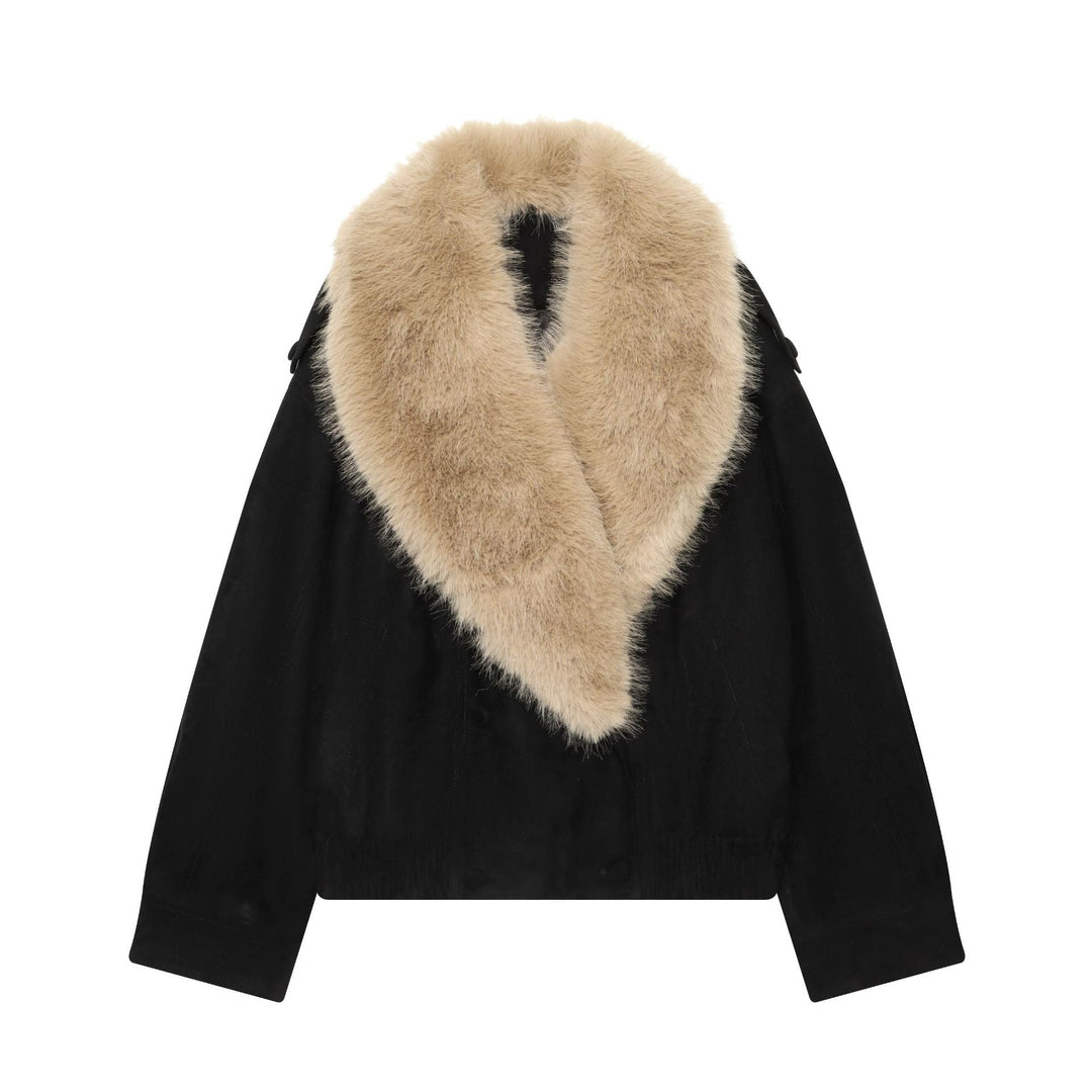 Dam Kort Velvet Jacka med Voluminous Faux Fur Shawl Krage