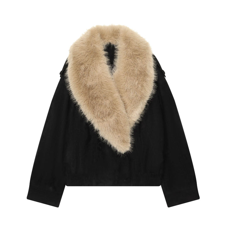 Dam Kort Velvet Jacka med Voluminous Faux Fur Shawl Krage
