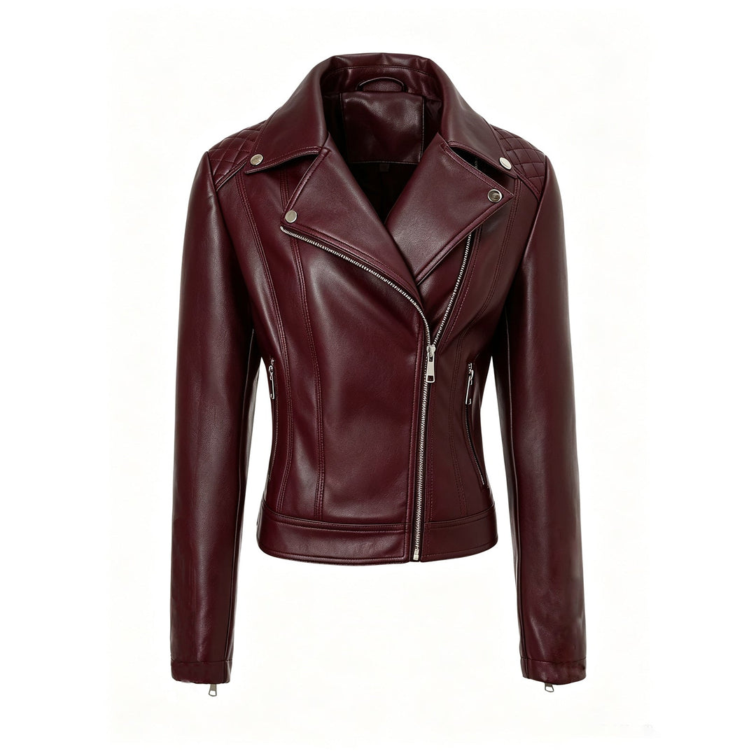 Dam skräddad biker läder jacka med kviltad shoulders och asymmetric dragkedja