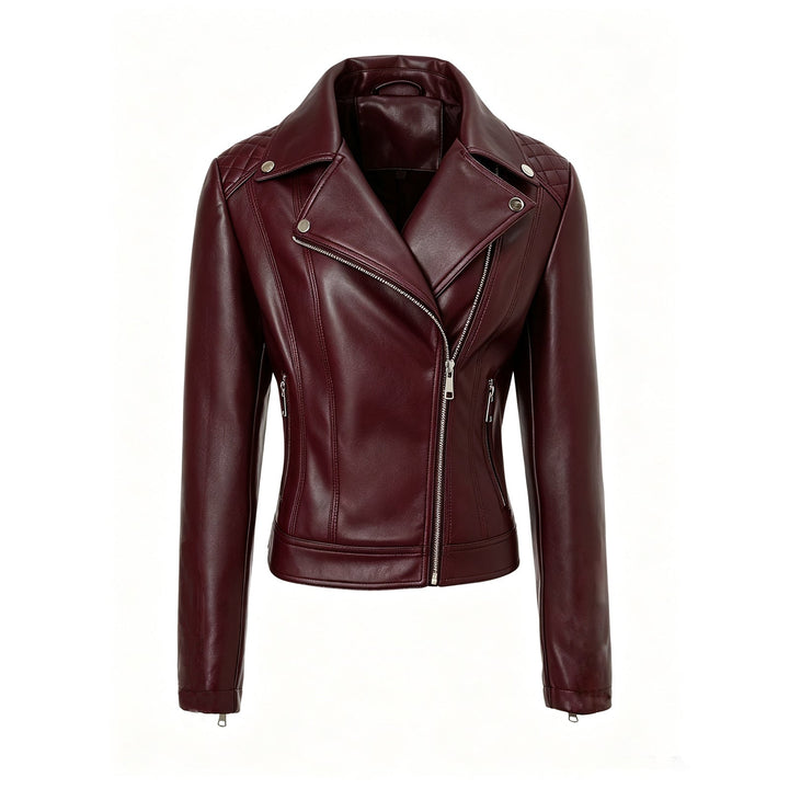 Dam skräddad biker läder jacka med kviltad shoulders och asymmetric dragkedja