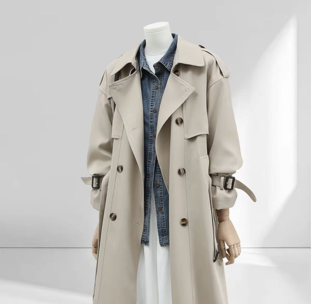 Dam lång trenchcoat med hög krage, Double Storm Flap och justerbar muddar