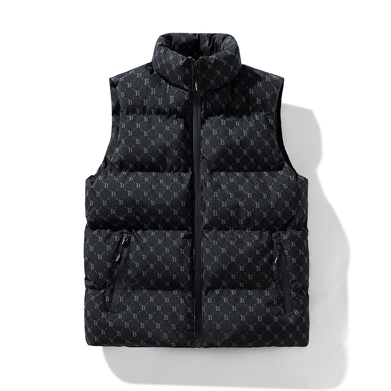 Herr quiltad funktion väst med monogram tryck och ståkrage