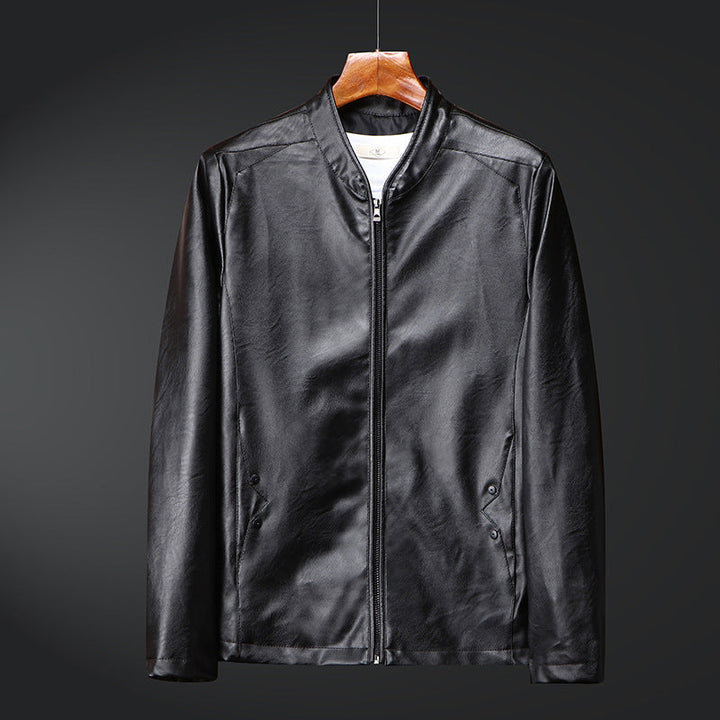 Herr Smal Synthetic Läder Blouson med Standing Krage och Tvåvägsdragkedja
