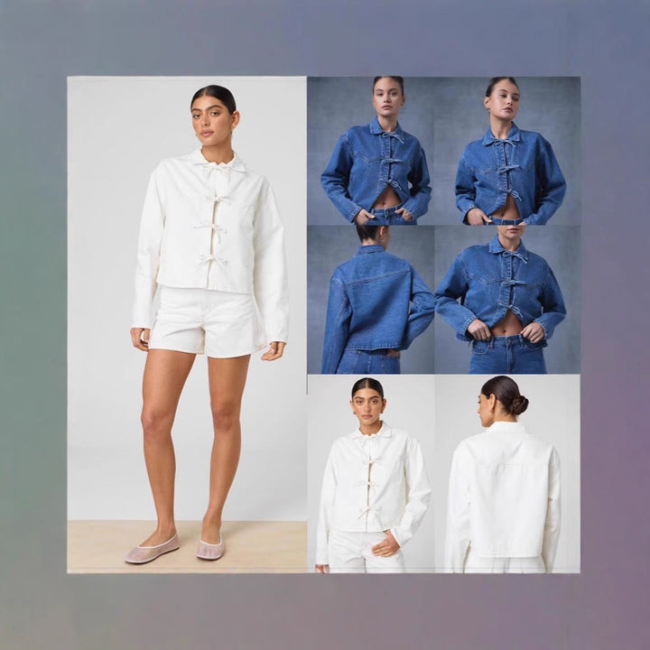 Dam kort jeansjacka med decorative knot closures, boxy silhuett och skjortkrage