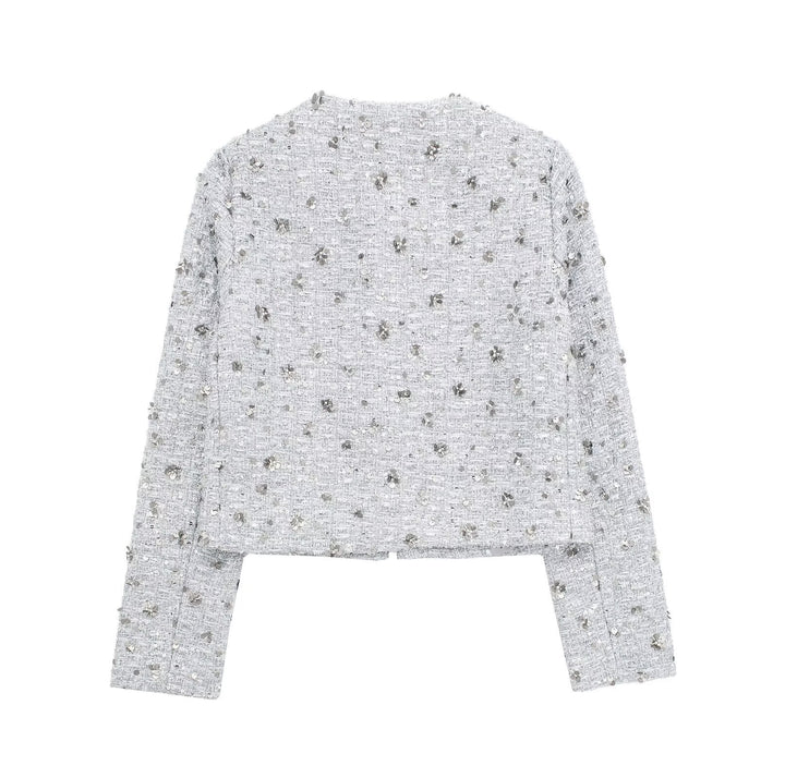 Dam kort-skärning Boucle Tweed jacka med floral sequin appliqué och öppen front