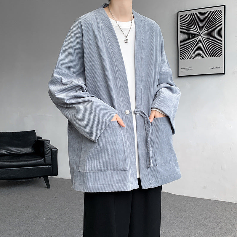 Herr oversize cord kimono cardigan med drawstring, utanpåfickor och drop ärmar