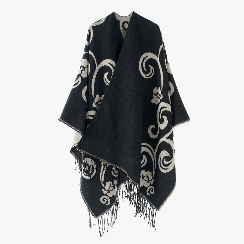 Dam jacquard poncho-stil overlay med reversible function och fringed fåll