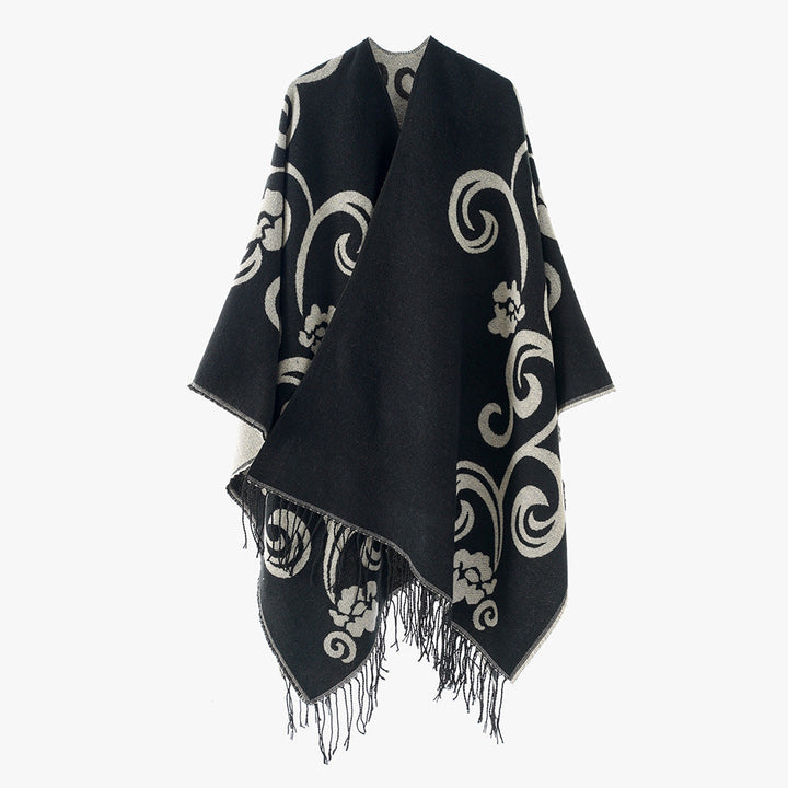 Dam jacquard poncho-stil overlay med reversible function och fringed fåll