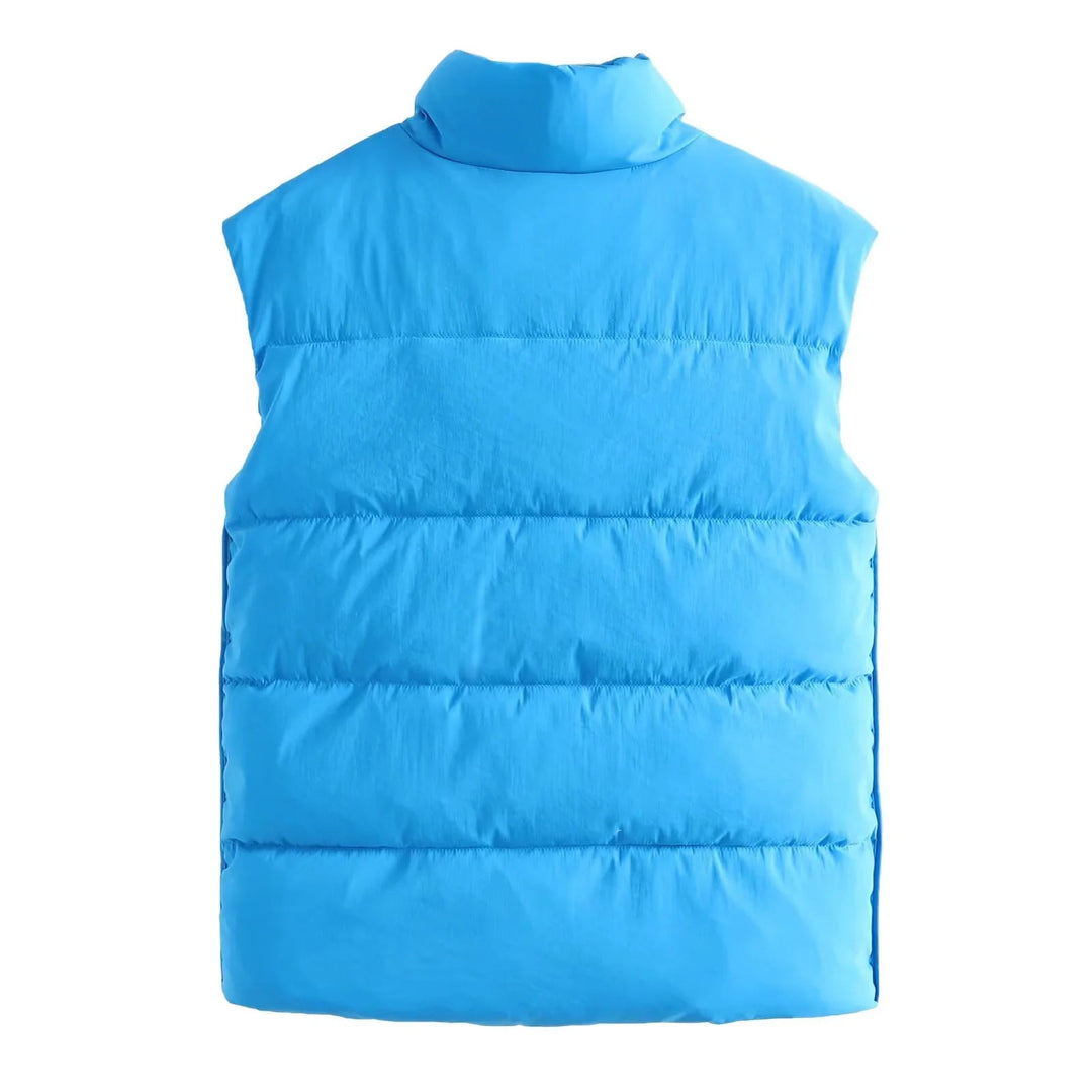 Dam sleeveless vadderad quiltad väst med high ståkrage och tryckknäppning